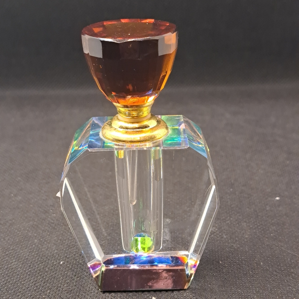 Clear Crystal Vanity Perfume Bottle Faceted Cut Red Stopper.